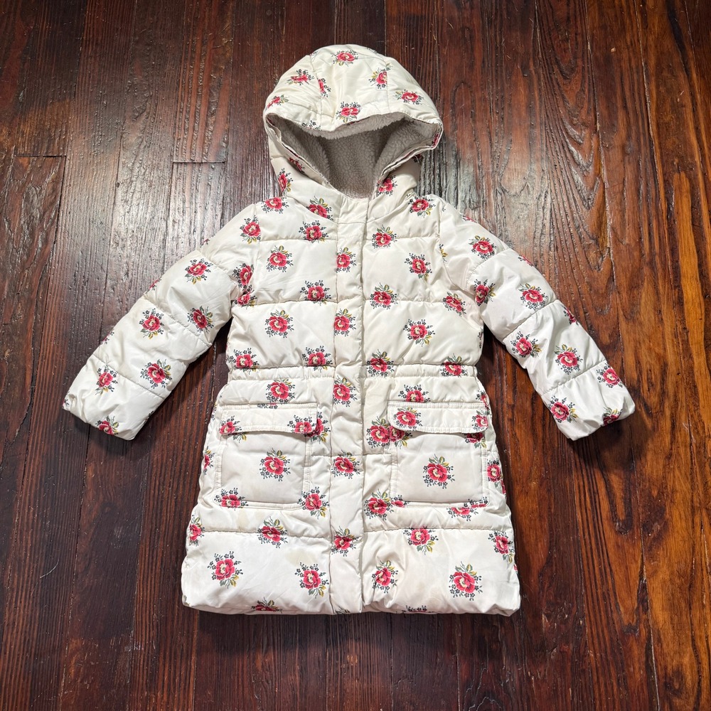 Baby Gap Puffer Jacket Girls 5T Ivory Floral Sherpa Lined Hooded Winter Coat